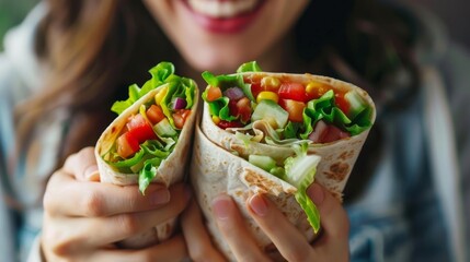 Wall Mural - A person with celiac disease happily enjoying a burrito made with buckwheat flour tortillas finally able to eat a wheatfree version of their favorite food.