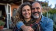 © Suphot - Happy middle-aged couple embracing outdoors with a cozy home background, enjoying their time together in a natural setting.