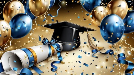 Graduation Celebration with Balloons, Confetti and a Diploma
