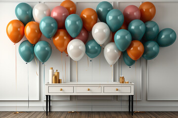 Wall Mural - An artistic arrangement of birthday balloons surrounding an empty frame in a room, providing the perfect space to add a customized birthday message or heartfelt wishes.