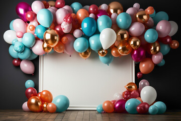 Wall Mural - An artistic arrangement of birthday balloons against a backdrop of an empty frame, creating a festive atmosphere with space for personalized greetings. 