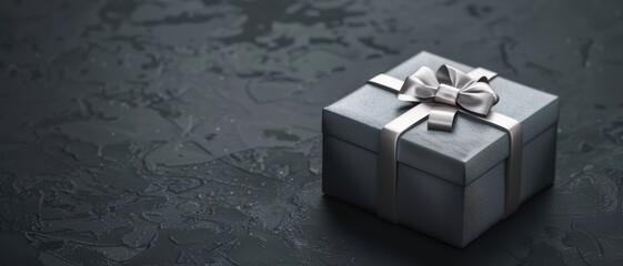 Sticker - Elegant Silver Gift Box with Ribbon on Dark Textured Background - Perfect for Celebrations and Special Occasions