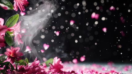 Canvas Print - Enchanting Pink Flower Petals with Sparkling Bokeh on Black Background