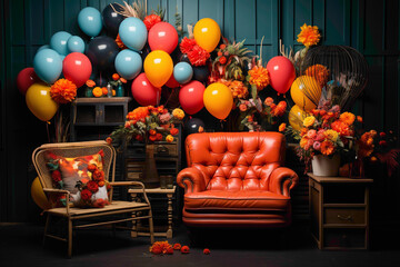 Wall Mural - A vibrant photo booth corner adorned with props and backdrops, capturing friends striking playful poses and creating lasting memories during a lively birthday celebration.