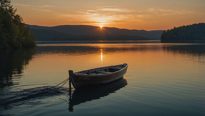 An image of a serene lake at dusk, with a lone boat drifting in the distance 