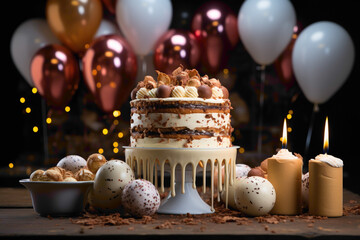 Wall Mural - A tantalizing tiramisu cake with a whimsical birthday balloon by its side, positioned against an empty frame ready to showcase your unique birthday sentiment.