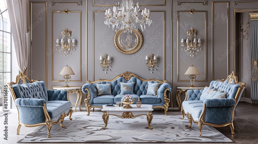 Luxurious living room interior design with blue and gold accents ...