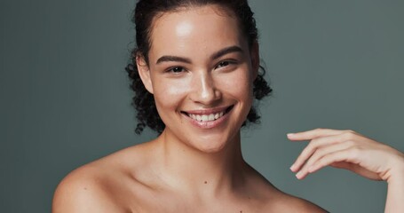 Wall Mural - face, skincare and woman with cosmetics, acne care and pimple treatment on grey studio background. p