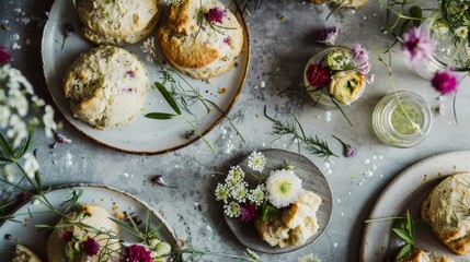 Wall Mural - Plates of freshly baked scones topped with foraged elderflower jam accompanied by delicate tea sandwiches filled with wild herbs and edible flowers.