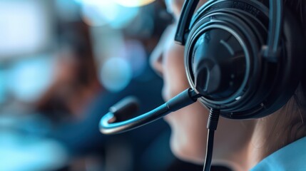 Professional emergency call center operator with headset on duty. 