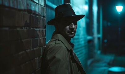 Wall Mural - Man in trench coat and hat in film noir style on dark street, Generative AI