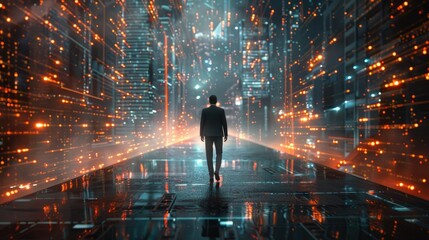 Wall Mural - Futuristic Technology Concept: Person Walking Through Virtual City with Neon Lights and Data Streams