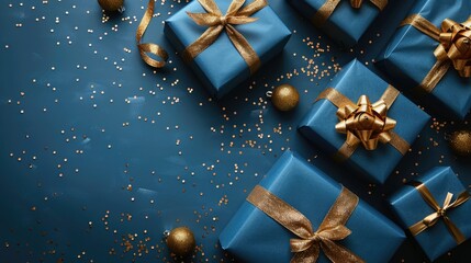Festive Blue Holiday Gifts with Gold Ribbons and Christmas Decorations on Sparkling Background