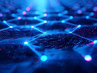 Futuristic glowing blue technology network background with interconnected nodes and digital hexagonal patterns in a dark setting.