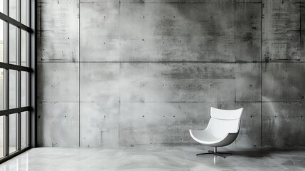 Minimalist modern room with a concrete wall and a stylish white chair by a large window, showcasing sleek industrial design.