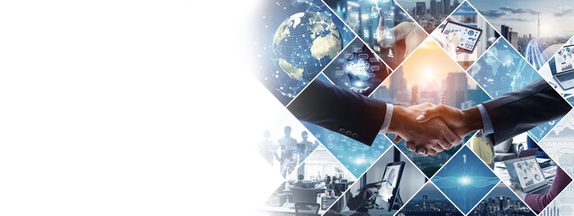 Poster - Collage background visual of various business scenes and technology concepts. Management strategy. Digital transformation.