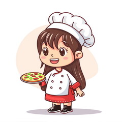 Cartoon character of cute little girl hold pizza,wear chef uniform, white background, vector illustration