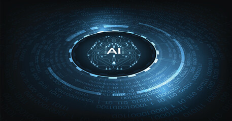 Poster - Electronic brain and Concept of artificial intelligence(AI).Graphic of a digital brain and Human head outline made from circuit board, connecting on a dark blue background.	