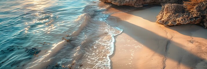 Wall Mural - A stunning beach in the afternoon, with long shadows cast by the coral formations. The waves gently lap against the shore, and the sunlight creates a dynamic play of light and shadow