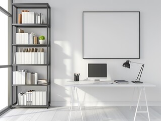 Wall Mural - Minimalist Home Office Interior Design with White Desk and Black Frame Mockup.