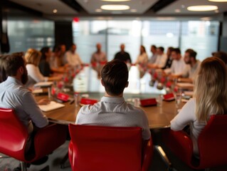 Business Meeting in Modern Conference Room with Diverse Team Collaborating Around Large Table