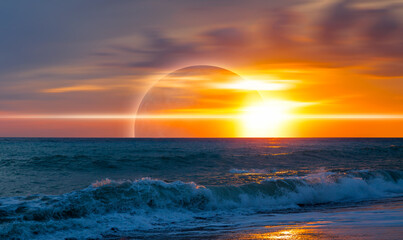 Poster - Beauty sunset over the sea - Beautiful landscape with solar eclipse