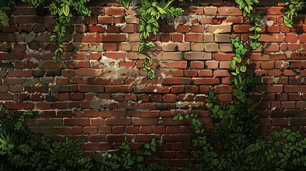 Wall Mural - Brick Wall with Greenery and Sunlight