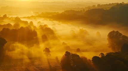 Poster - In the countryside, the sunrise reveals a landscape shrouded in mist, with the golden light slowly burning away the fog.