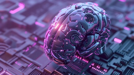 Wall Mural - A brain is shown in a purple and black color scheme. The brain is surrounded by a network of wires and circuits, giving it a futuristic and technological appearance