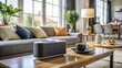 © Wanlop - Sophisticated black wireless speaker rests on modern coffee table surrounded by elegant ornaments in a cozy living room atmosphere.
