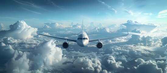 A modern airplane soaring through a beautiful sky filled with fluffy clouds, capturing the essence of air travel and adventure.