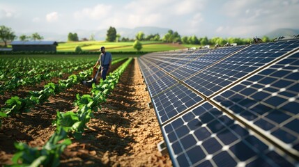 A farmer inspecting rows of solar panels in a rural agricultural setting with crops growing nearby.