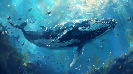 Wall Mural - Artistic Style Painting of A Whale Swimming in the Ocean Aspect 16:9