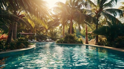 Sunlit pool area with palm trees and tropical plants, lush and green, vacation paradise, Pool party concept, No people