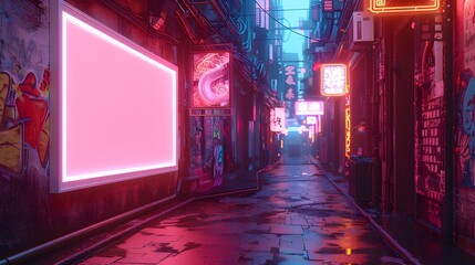 A 3D rendered mockup of a white background frame set against a vibrant neon lit alleyway with street art and urban grit creating a high contrast cyberpunk inspired digital collage