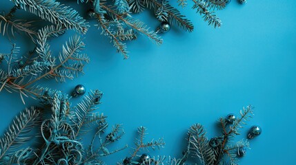 Poster - Blue Christmas Background with Pine Branches and Ornaments