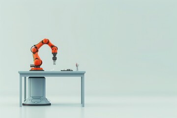 Wall Mural - Industrial robotic arm on a workbench, performing automated task in a minimalist setting showcasing advanced technology and automation.