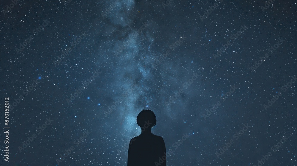Silhouette of a person gazing at the starry night sky, with the Milky ...