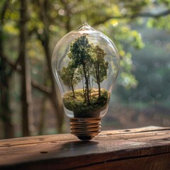 background of nature. trees in a lightbulb with forest background