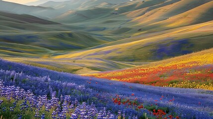 Poster - Rolling hills covered in wildflowers create a patchwork of colors, showcasing nature's ability to paint landscapes with breathtaking beauty.