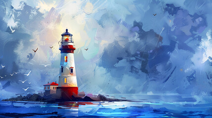 Artistic Style Painting of A Lighthouse in the Ocean On A Island Aspect 16:9