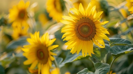 Canvas Print - Sunflowers turn their heads to follow the sun, their bright yellow blooms a cheerful sight in the summer fields.