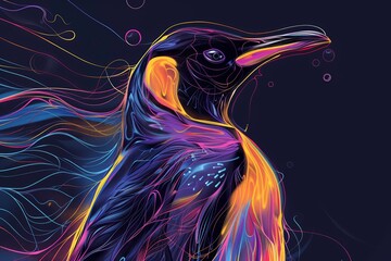 Wall Mural - A vibrant, abstract digital illustration of a penguin with flowing, colorful lines and neon accents against a dark background.