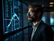 © Xyeppup - A man with glasses, wearing a suit, analyzing real-time financial data displayed on multiple digital screens showing stock market charts.
