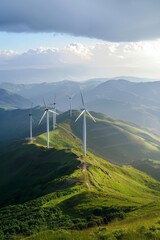 Wall Mural - Wind turbines atop a mountain ridge generating renewable energy against a clear sky