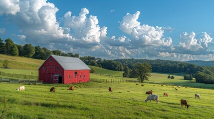 Picturesque farm with red barn green field and animals graze under the blue sky