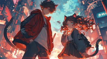 Wall Mural - anime boys and girls with animal ears trendy outfits