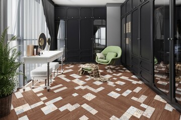 Closeup view of shower area with walk in closet, white and brown marble flooring, grey marble wall, black closets, white table, mirror and colored chair, window wall with white curtains. 3D Rendering