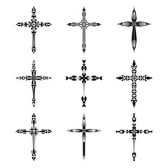 Wall Mural - Christian cross vector icon symbols.  Abstract christian religious belief or faith art illustration for orthodox or catholic design. The symbol of the cross in various designs used in tattoo.