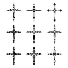 Wall Mural - Christian cross vector icon symbols.  Abstract christian religious belief or faith art illustration for orthodox or catholic design. The symbol of the cross in various designs used in tattoo.